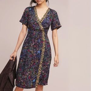 Anthropologie Maeve Morgan Floral Leopard Short Sleeve V-Neck Buttoned Dress